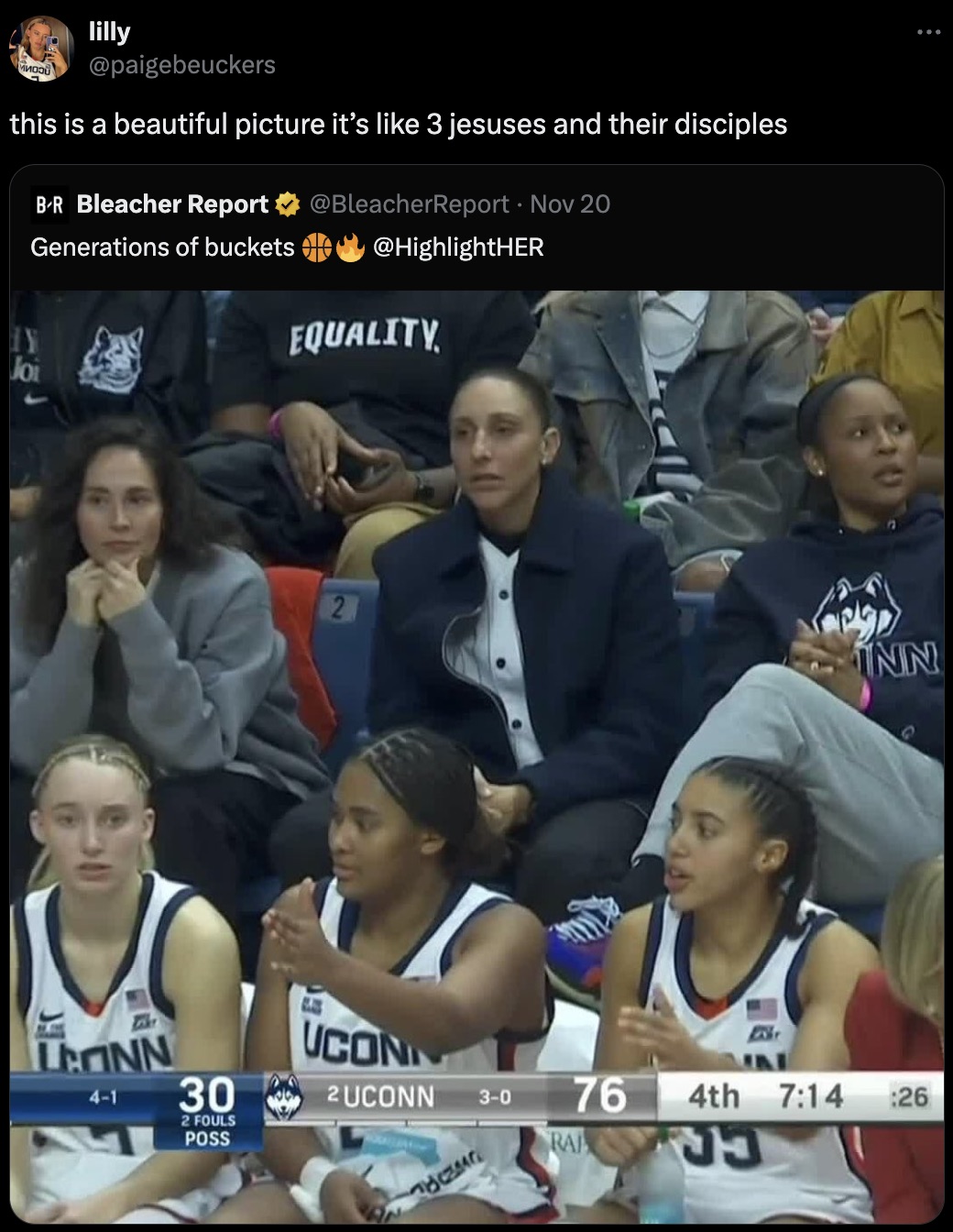 Geno Auriemma - M lilly this is a beautiful picture it's 3 jesuses and their disciples BR Bleacher Report Generations of buckets Report Nov 20 Equality Lann 41 30 2 Fouls Poss Uconn 2 Uconn 30 Br Inn 76 4th 26 Ra